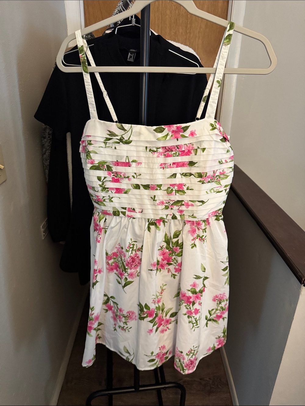 Altar'd State White Dress with Pink Floral & Green Leaves